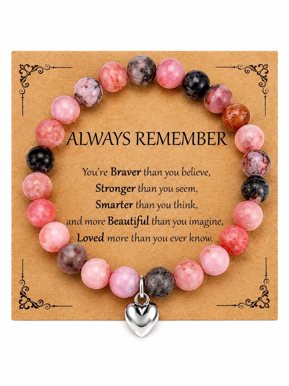 Pink Natural Stone Beaded Bracelet Stretchy w/ Heart Charm & Inspirational Card